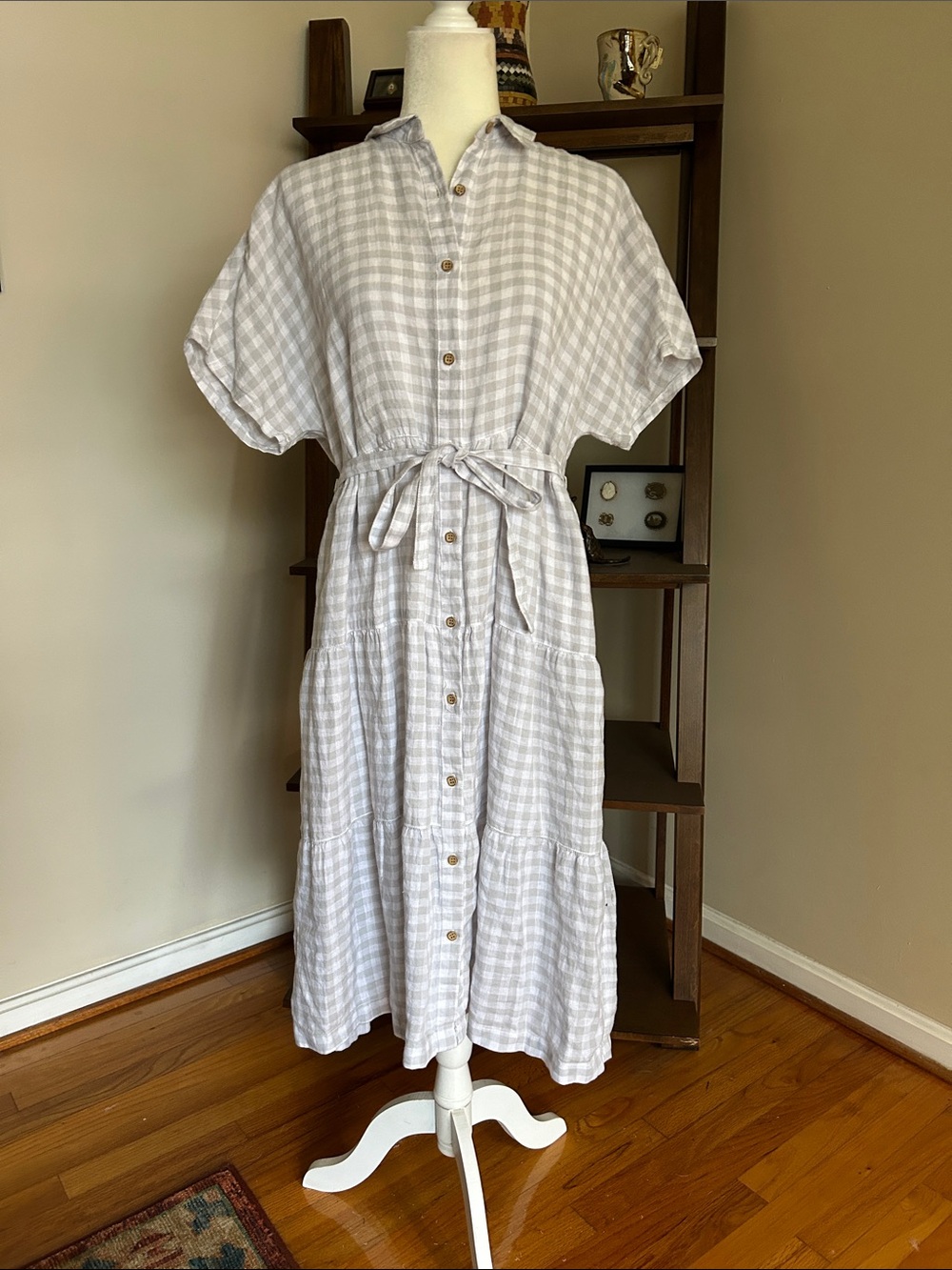 Cynthia Rowley Light Gray & White Gingham Button-Front Midi Dress 100% linen